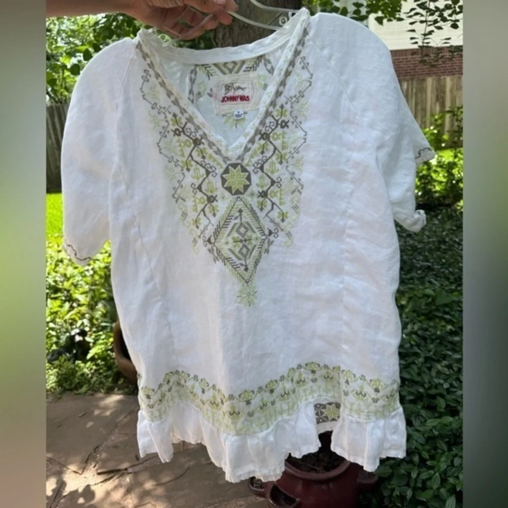 Johnny Was Biya White Linen Embroidered Boho Tunic Top S Aztec Festival Coastal - Picture 3 of 12
